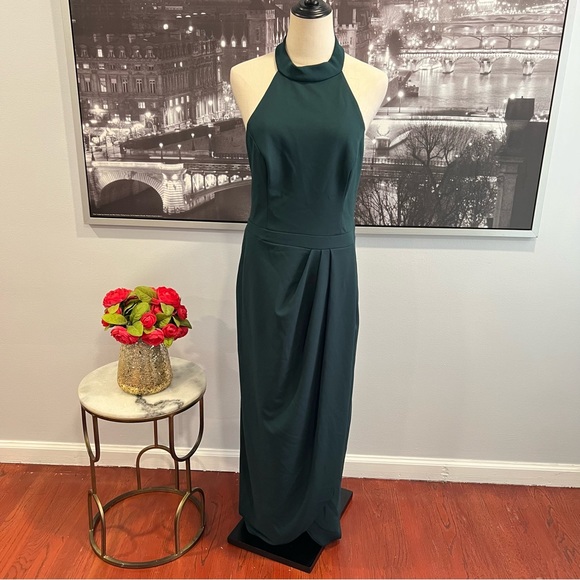 Xscape Sleeveless Halter Neck Crepe Wrap Gown In Pine Green NWT - Reemoly - Picture 5 of 11